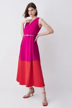 Best deal 😉 Karen Millen Soft Tailored Full 👗 Skirt Belted Colour Block Midi 👗 Dress ❤️ -OCCASION DRESSES Sale2023 womens berry soft tailored full skirt belted colour block midi dress 1