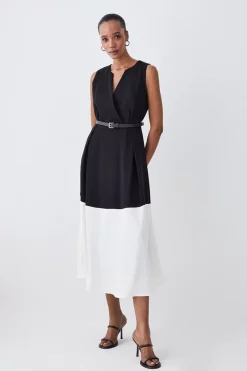 Best deal 😉 Karen Millen Soft Tailored Full 👗 Skirt Belted Colour Block Midi 👗 Dress ❤️ -OCCASION DRESSES Sale2023 womens berry soft tailored full skirt belted colour block midi dress