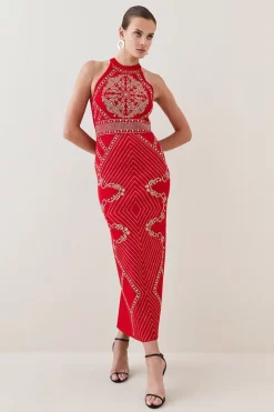 Flash Sale ⌛ Karen Millen All Over Baroque Hot Fix Halter Neck Neck Midaxi 👗 Dress 💯 -OCCASION DRESSES Sale2023 womens black all over baroque hot fix halter neck neck midaxi dress