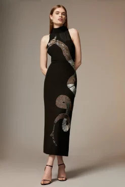 Flash Sale 🎉 Karen Millen British Museum Serpent Embellished Midi 👗 Dress 🔥 -OCCASION DRESSES Sale2023 womens black british museum serpent embellished midi dress