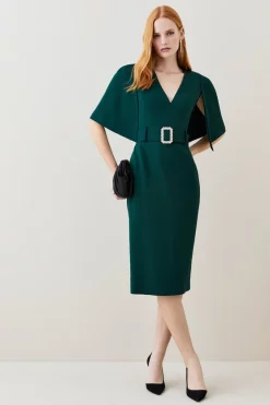 Hot Sale ⌛ Karen Millen Compact Stretch Viscose Cape Pencil Midi 👗 Dress 🥰 -OCCASION DRESSES Sale2023 womens black compact stretch viscose cape pencil midi dress