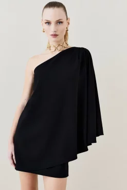 New 😍 Karen Millen Compact Viscose One Shoulder Cape Mini 👗 Dress 🤩 -OCCASION DRESSES Sale2023 womens black compact viscose one shoulder cape mini dress 1 1