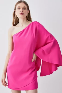 New 😍 Karen Millen Compact Viscose One Shoulder Cape Mini 👗 Dress 🤩 -OCCASION DRESSES Sale2023 womens black compact viscose one shoulder cape mini dress 1 2
