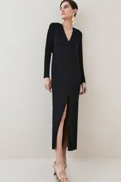 Wholesale 🔔 Karen Millen Compact Viscose Sleeved Split Front Maxi 👗 Dress 🤩 -OCCASION DRESSES Sale2023 womens black compact viscose sleeved split front maxi dress 1