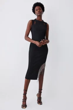 Brand new 😍 Karen Millen Crystal Fringe Diamante Back Pencil Midi 👗 Dress 🥰 -OCCASION DRESSES Sale2023 womens black crystal fringe diamante back pencil midi dress
