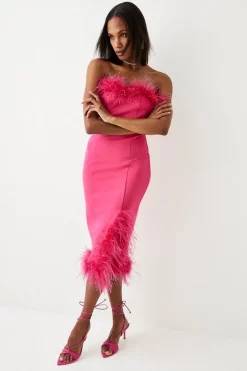 Deals ✨ Karen Millen Feather & Ponte Bandeau Midi 👗 Dress ⭐ -OCCASION DRESSES Sale2023 womens black feather ponte bandeau midi dress