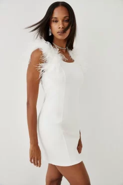 Hot Sale 🧨 Karen Millen Feather Strap Ponte Mini 👗 Dress 🔔 -OCCASION DRESSES Sale2023 womens black feather strap ponte mini dress