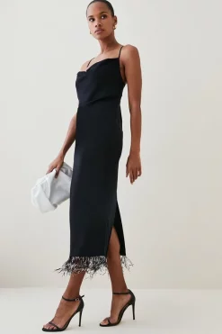 Promo ✨ Karen Millen Mono Feather Hem Cowl Neck Cami Midaxi 👗 Dress ⭐ -OCCASION DRESSES Sale2023 womens black mono feather hem cowl neck cami midaxi dress