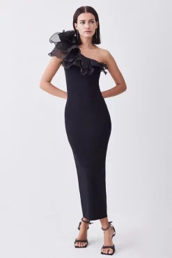 Best Pirce 🔥 Karen Millen Petite One Shoulder Organza Flower Detail Knit Midi 👗 Dress 😍 -OCCASION DRESSES Sale2023 womens black petite one shoulder organza flower detail knit midi dress