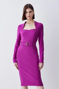 Buy 👍 Karen Millen Scuba Crepe Belted Midi Pencil 👗 Dress ⌛ -OCCASION DRESSES Sale2023 womens black scuba crepe belted midi pencil dress