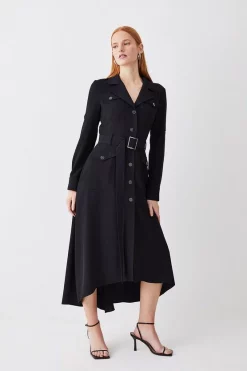 New ⭐ Karen Millen Soft Tailored Belted Crepe High Low 👕 Shirtdress ❤️ -OCCASION DRESSES Sale2023 womens black soft tailored belted crepe high low shirtdress 1
