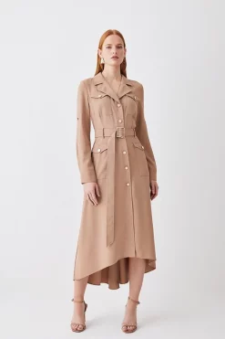 New ⭐ Karen Millen Soft Tailored Belted Crepe High Low 👕 Shirtdress ❤️ -OCCASION DRESSES Sale2023 womens black soft tailored belted crepe high low shirtdress