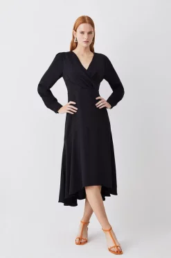 Outlet 🌟 Karen Millen Soft Tailored Wrap Sleeved High Low Midi 👗 Dress ⌛ -OCCASION DRESSES Sale2023 womens black soft tailored wrap sleeved high low midi dress 1 1
