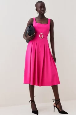 Best Pirce 🌟 Karen Millen Structured Crepe Belted Pleat Midi 👗 Dress 🎁 -OCCASION DRESSES Sale2023 womens black structured crepe belted pleat midi dress 1