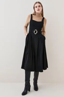 Best Pirce 🌟 Karen Millen Structured Crepe Belted Pleat Midi 👗 Dress 🎁 -OCCASION DRESSES Sale2023 womens black structured crepe belted pleat midi dress