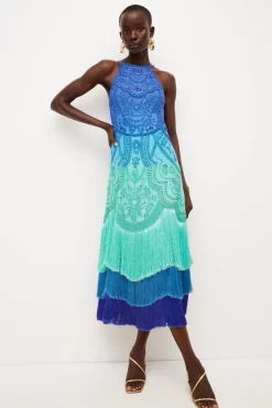 Brand new 🧨 Karen Millen Ombre Fringe Strappy Beaded Maxi 👗 Dress 🥰 -OCCASION DRESSES Sale2023 womens blue ombre fringe strappy beaded maxi dress