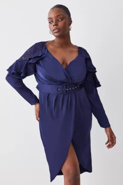 Best Pirce ✨ Karen Millen Plus Size Satin And Lace Ruffle Woven Midi 👗 Dress 🎉 -OCCASION DRESSES Sale2023 womens blue plus size satin and lace ruffle woven midi dress
