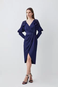 Hot Sale 😉 Karen Millen Satin And Lace Ruffle Woven Midi 👗 Dress 🛒 -OCCASION DRESSES Sale2023 womens blue satin and lace ruffle woven midi dress