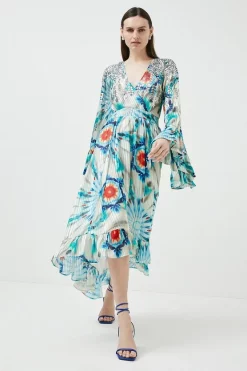 Brand new 👍 Karen Millen Tie Dye Bead Embellished Woven Drama Kimono 💯 -OCCASION DRESSES Sale2023 womens blue tie dye bead embellished woven drama kimono