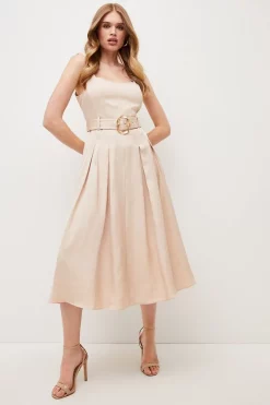 New 😀 Karen Millen Premium Polished Linen Belted Pleat Midi 👗 Dress 💯 -OCCASION DRESSES Sale2023 womens blush premium polished linen belted pleat midi dress