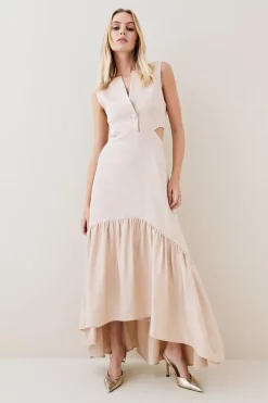 Discount 😍 Karen Millen Premium Polished Linen Cut Out Peplum Maxi 👗 Dress 😀 -OCCASION DRESSES Sale2023 womens blush premium polished linen cut out peplum maxi dress