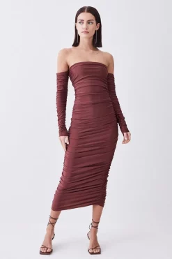 Flash Sale ✔️ Karen Millen Petite Gathered Slinky Bardot Maxi 👗 Dress ✔️ -OCCASION DRESSES Sale2023 womens chocolate petite gathered slinky bardot maxi dress