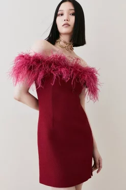 Coupon 🔥 Karen Millen Boucle Feather Bardot Mini 👗 Dress 🎁 -OCCASION DRESSES Sale2023 womens cobalt boucle feather bardot mini dress 1 1