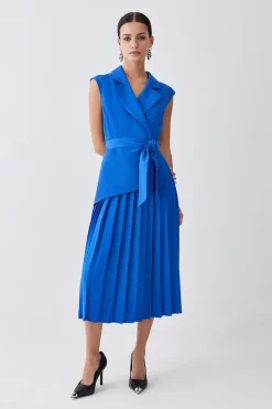 Cheapest 👍 Karen Millen Petite Military Pleat Short Sleeve Midi 👗 Dress ✔️ -OCCASION DRESSES Sale2023 womens cobalt petite military pleat short sleeve midi dress