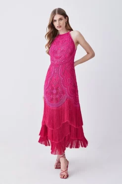 Best reviews of ⭐ Karen Millen Fringed Beaded Woven Midi 👗 Dress 😍 -OCCASION DRESSES Sale2023 womens coral fringed beaded woven midi dress 1