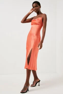 Best Sale 🛒 Karen Millen 🔨 Hammered Satin Cowl Neck Woven Slip 👗 Dress 😍 -OCCASION DRESSES Sale2023 womens coral hammered satin cowl neck woven slip dress