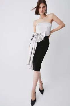 Coupon 🥰 Karen Millen Italian Structured Satin Bandeau Bow Detail Pencil Midi 👗 Dress 😍 -OCCASION DRESSES Sale2023 womens coral20pink italian structured satin bandeau bow detail pencil midi dress