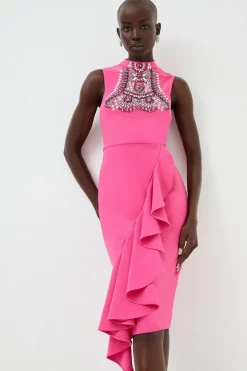 Hot Sale 🔔 Karen Millen Embellished Ruffle Figure Form Crepe Midi 👗 Dress ✨ -OCCASION DRESSES Sale2023 womens cream embellished ruffle figure form crepe midi dress 1