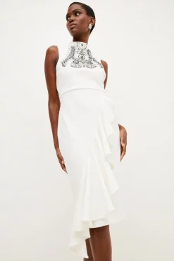 Hot Sale 🔔 Karen Millen Embellished Ruffle Figure Form Crepe Midi 👗 Dress ✨ -OCCASION DRESSES Sale2023 womens cream embellished ruffle figure form crepe midi dress