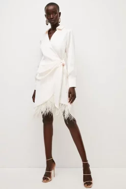 Best Sale 😍 Karen Millen Satin Back Crepe Feather Hem 👚 Shirt Mini 👗 Dress 🌟 -OCCASION DRESSES Sale2023 womens cream satin back crepe feather hem shirt mini dress 1