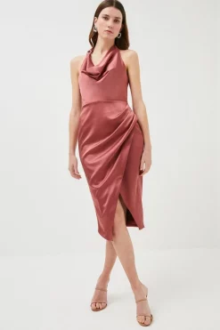 Brand new 😍 Karen Millen Tailored Satin Drape Halter Midi 👗 Dress 🛒 -OCCASION DRESSES Sale2023 womens dusky20pink tailored satin drape halter midi dress
