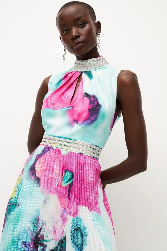 Brand new 🎁 Karen Millen Diamante Trim Floral Pleated 👗 Skirt Midi 👗 Dress ⭐ 7 Brand new 🎁 Karen Millen Diamante Trim Floral Pleated 👗 Skirt Midi 👗 Dress ⭐ - Image 5