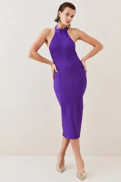 Hot Sale 😍 Karen Millen Bandage Knit Halter Neck Figure Form 👗 Dress ⭐ -OCCASION DRESSES Sale2023 womens fuchsia bandage knit halter neck figure form dress