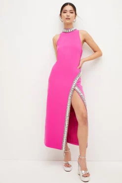 Deals ⌛ Karen Millen Petite Crystal Embellished Woven Split Maxi ⌛ -OCCASION DRESSES Sale2023 womens fuchsia petite crystal embellished woven split maxi