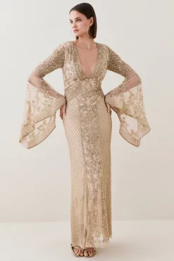 Best Pirce 🎁 Karen Millen Embellished Kimono Sleeve Beaded Maxi 👗 Dress ⭐ -OCCASION DRESSES Sale2023 womens gold embellished kimono sleeve beaded maxi dress