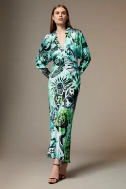 Discount 😉 Karen Millen British Museum Star Mapped Batwing 👗 Dress 🎉 -OCCASION DRESSES Sale2023 womens green british museum star mapped batwing dress