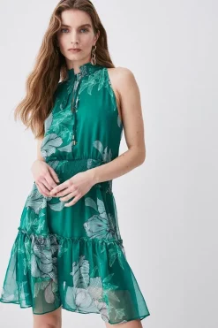 Coupon ✨ Karen Millen Floral Bloom Shirred Halter Woven Mini 👗 Dress 😀 -OCCASION DRESSES Sale2023 womens green floral bloom shirred halter woven mini dress