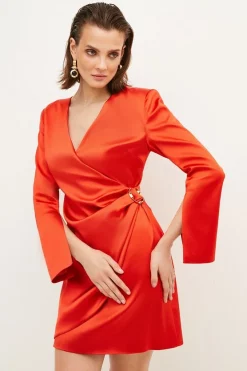 Flash Sale 😍 Karen Millen Italian Structured Satin Sleeved Mini 👗 Dress 😀 -OCCASION DRESSES Sale2023 womens green italian structured satin sleeved mini dress 1