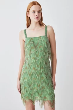 Cheap 🌟 Karen Millen Square Neck Embellished Fringed Mini 👗 Dress 🤩 -OCCASION DRESSES Sale2023 womens green square neck embellished fringed mini dress