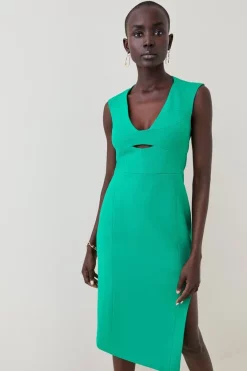 New ⌛ Karen Millen Structured Crepe Pencil Midi 👗 Dress 🔔 -OCCASION DRESSES Sale2023 womens green structured crepe pencil midi dress 1 1
