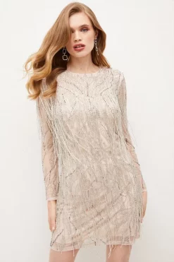 Promo ✔️ Karen Millen Crystal Embellished Fringed Mini 👗 Dress ✔️ -OCCASION DRESSES Sale2023 womens ivory crystal embellished fringed mini dress