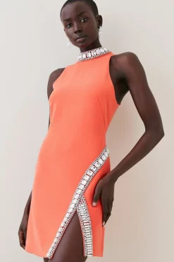 Hot Sale 😀 Karen Millen Crystal Embellished Woven Thigh Split Mini ✔️ -OCCASION DRESSES Sale2023 womens ivory crystal embellished woven thigh split mini 2