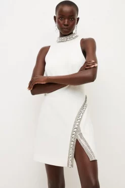 Hot Sale 😀 Karen Millen Crystal Embellished Woven Thigh Split Mini ✔️ -OCCASION DRESSES Sale2023 womens ivory crystal embellished woven thigh split mini