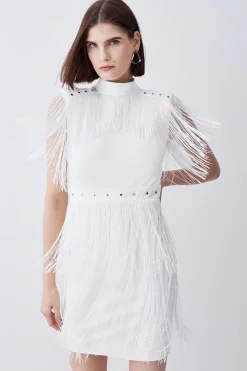 Hot Sale 🛒 Karen Millen Fringed Ponte Detail Midi 👗 Dress ❤️ -OCCASION DRESSES Sale2023 womens ivory fringed ponte detail midi dress