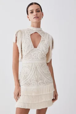 Best deal 👍 Karen Millen Petite Cornelli Embellished Fringed Woven 👗 Dress ⭐ -OCCASION DRESSES Sale2023 womens ivory petite cornelli embellished fringed woven dress