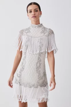 New 🧨 Karen Millen Petite Pearl Embellished Fringed Woven Mini 👗 Dress 😍 -OCCASION DRESSES Sale2023 womens ivory petite pearl embellished fringed woven mini dress